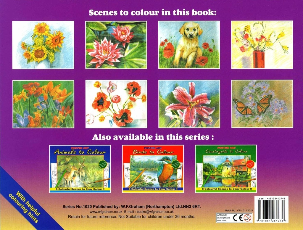 Kleurboek 30X23cm, 8 in te kleuren prenten, "Flowers"