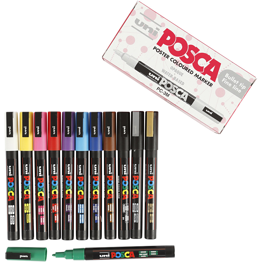 Set Posca Marker, diverse kleuren, afm PC-3M, lijndikte 0,9-1,3 mm, fijn, 12 stuk/ 1 doos