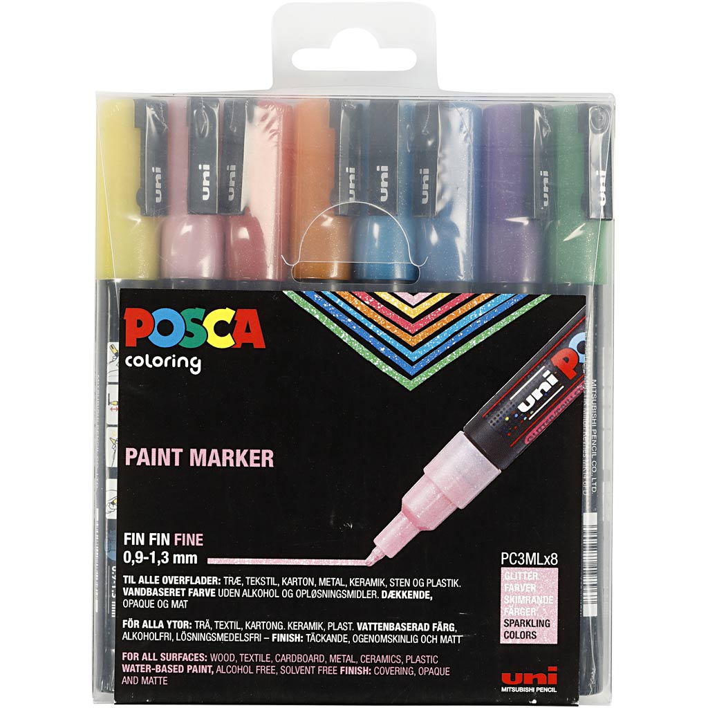 Set Posca Marker, glitterkleuren, afm PC-3ML, lijndikte 0,9-1,3 mm, fijn, 8 stuk/ 1 doos