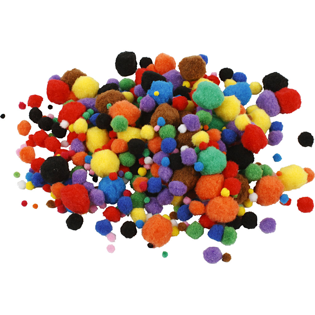Pompons, diverse kleuren, d: 5-40 mm, 42 gr