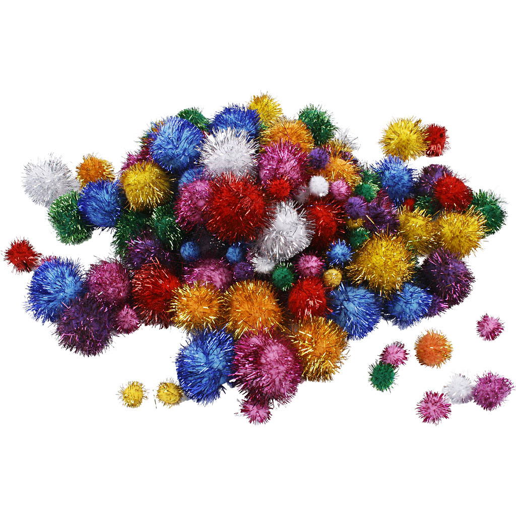 Pompons, glitterkleuren, d: 15-40 mm, glitter, 62 gr