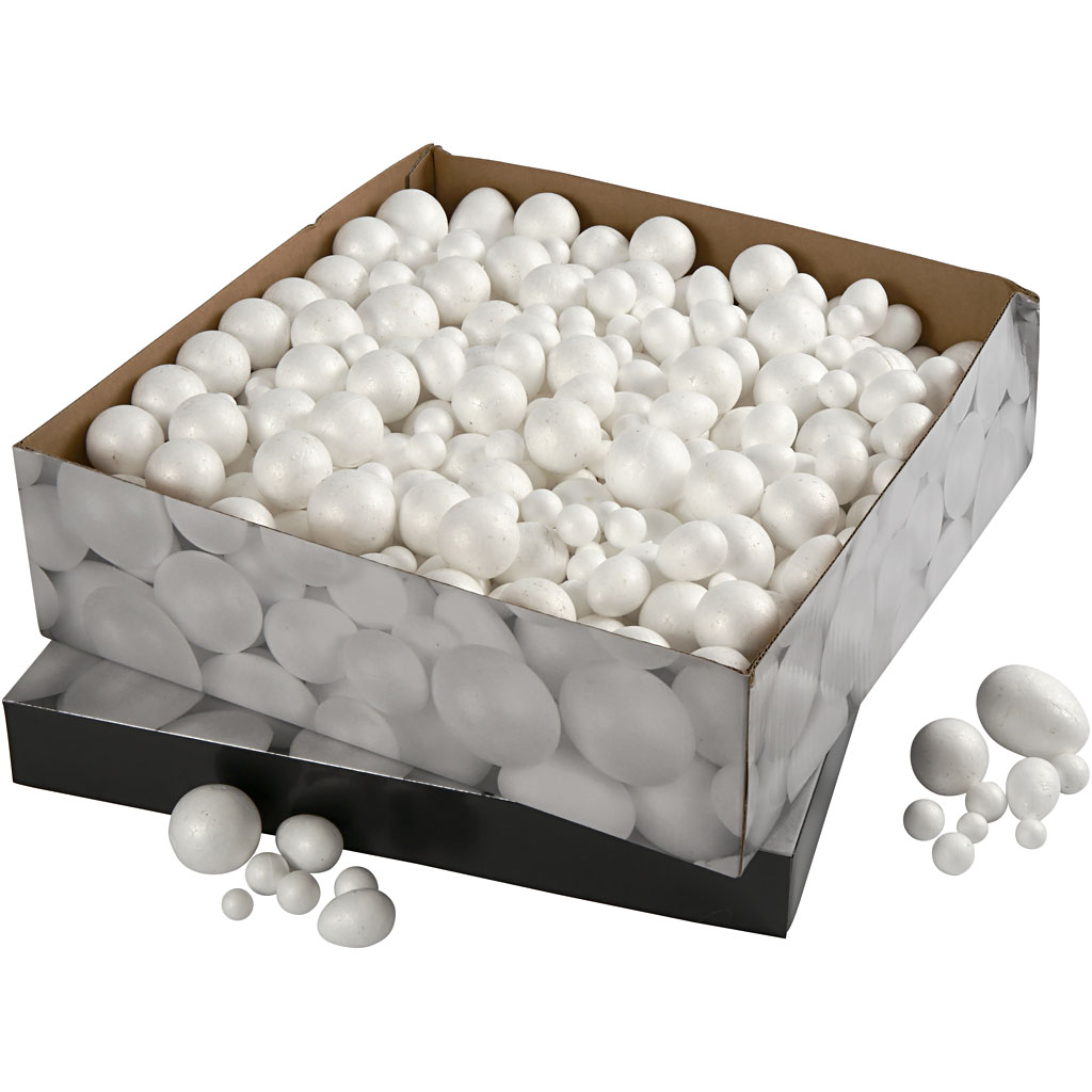 Boules et oeufs en polysytrène, dim. 1,5-6,1 cm, blanc, 550 p