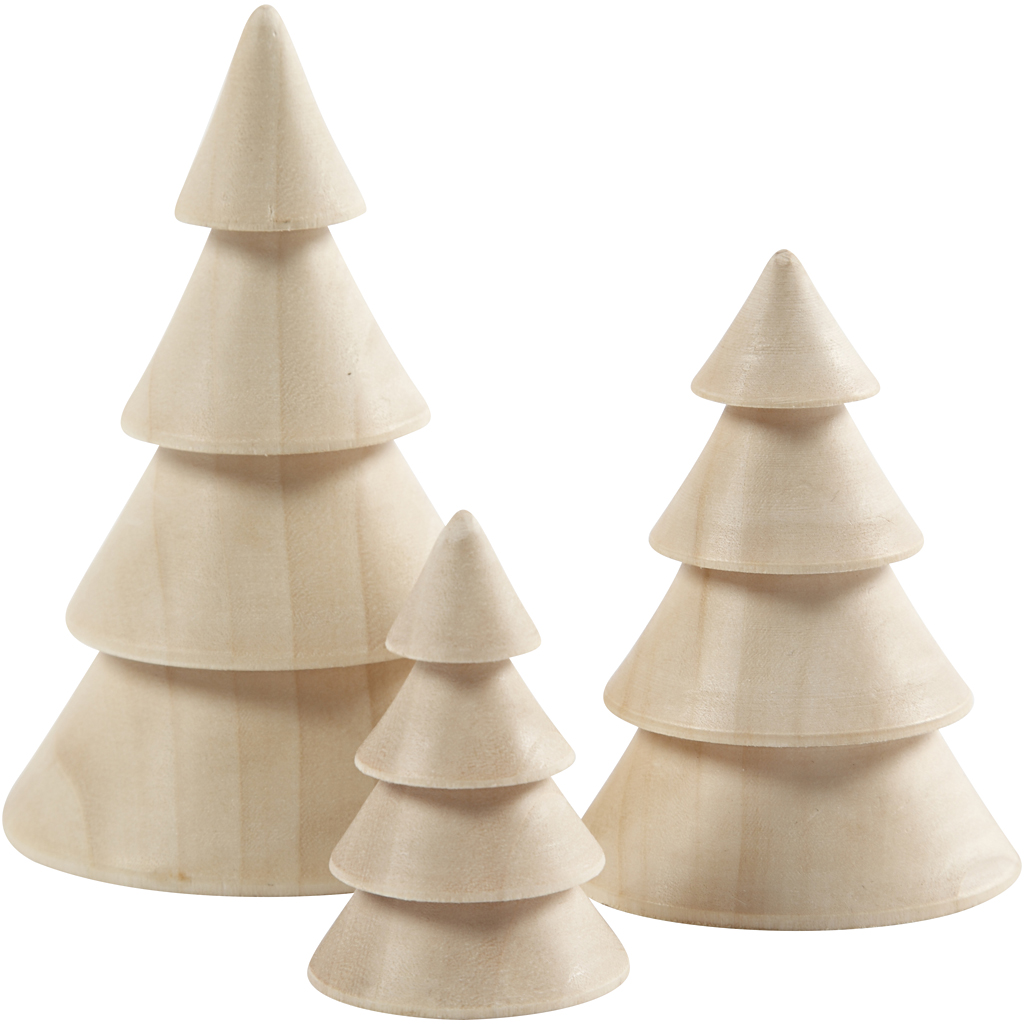 Kerstbomen van hout, H: 5+7,5+10 cm, d: 3,5+5,4+6,7 cm, 3 stuk/ 1 doos