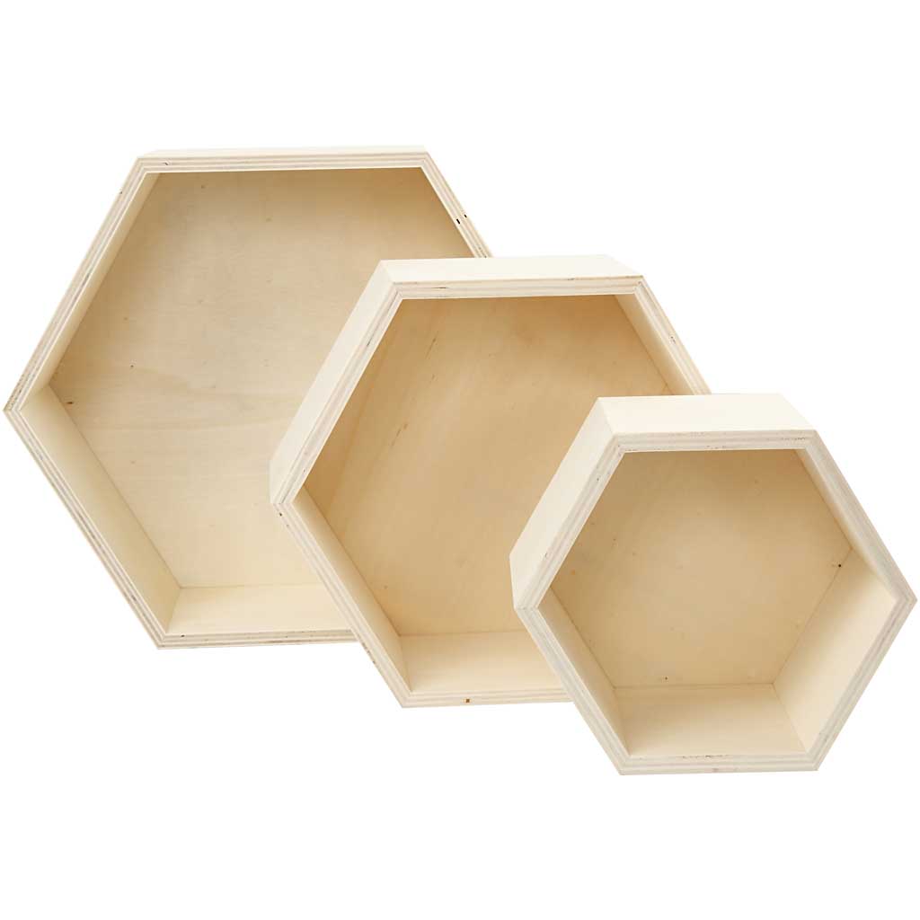 Boîtes de rangement, hexagonales, H: 14,8+19+24,2 cm, prof. 10 cm, 3 pièce/ 1 set