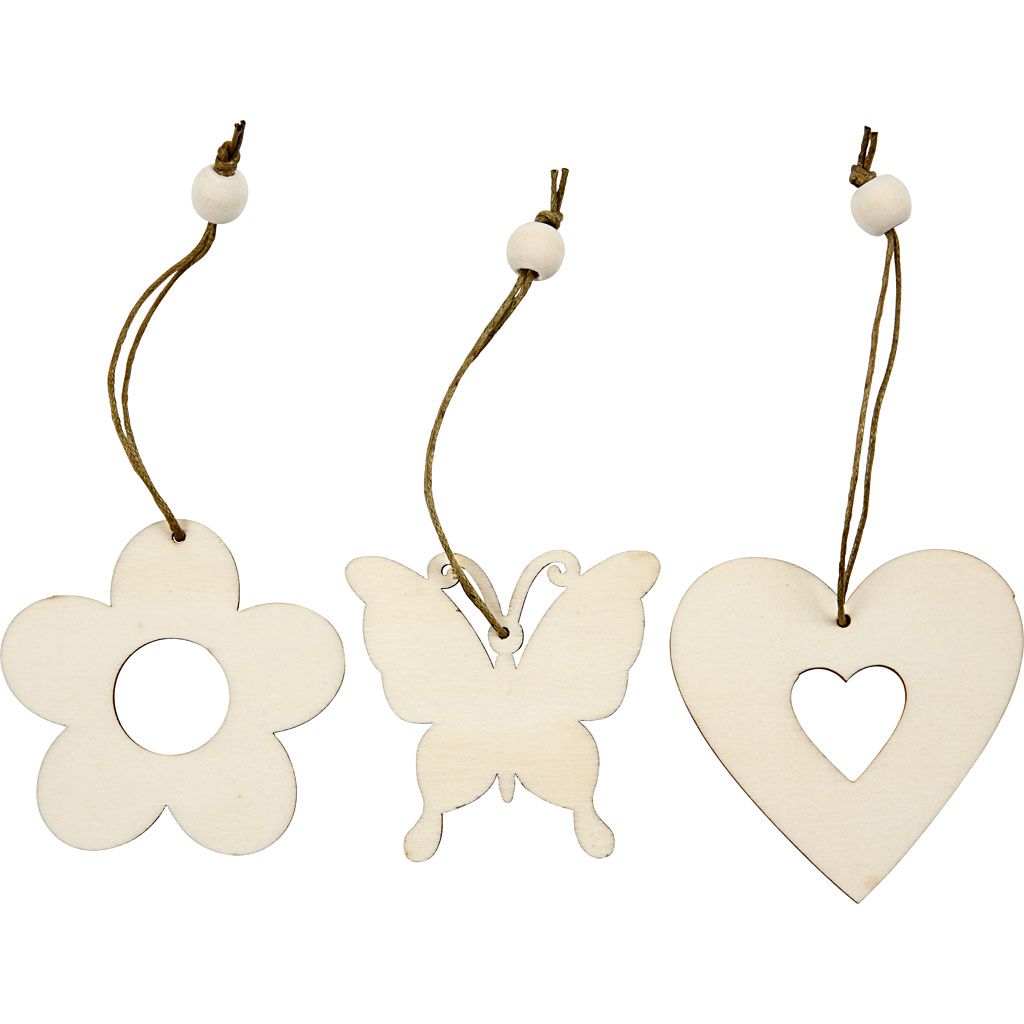 Houten decoraties, bloem, vlinder, hart, 6 cm, 9 stuks