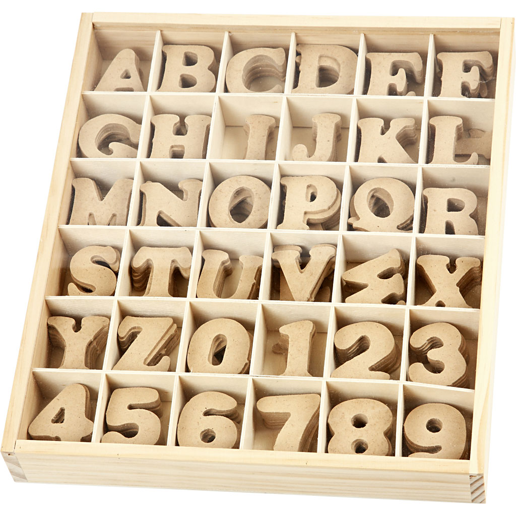 Houten letters & cijfers in display, H: 4 cm, dikte 2,5 mm - 288 stuks