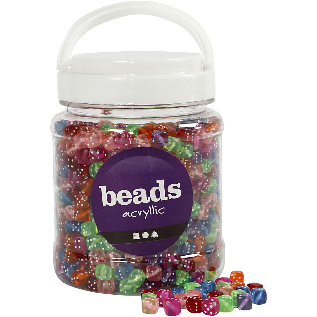 Perles dés, dim. 7x7 mm, diamètre intérieur 1,5 mm, couleurs assorties, 700 ml/ 1 boîte, 510 gr