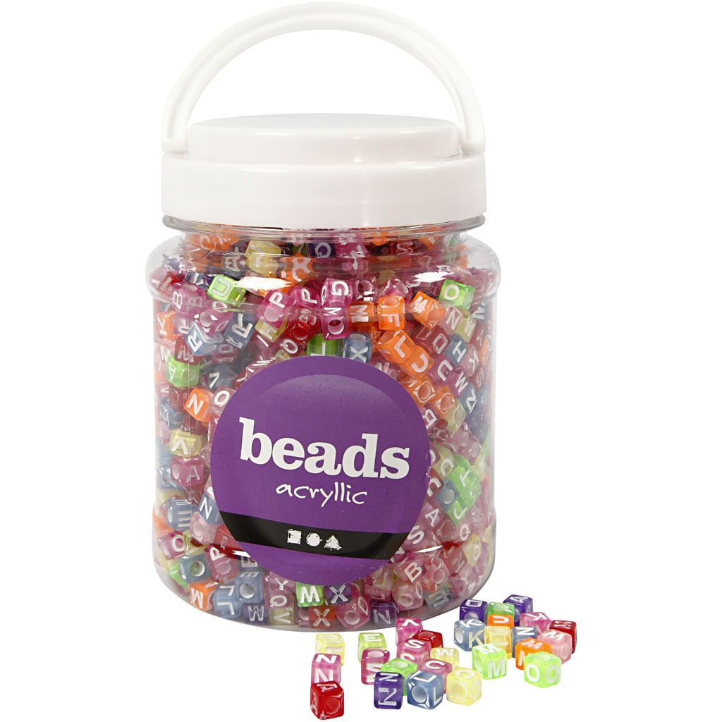 Perles avec lettres, dim. 7x7x7 mm, diamètre intérieur 3 mm, couleurs assorties, 700 ml/ 1 boîte, 450 gr