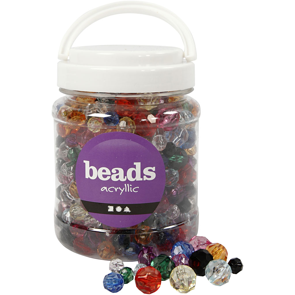Mix de perles à facettes, dim. 10-12-16 mm, diamètre intérieur 1-2,5 mm, couleurs assorties, 700 ml/ 1 boîte, 500 gr