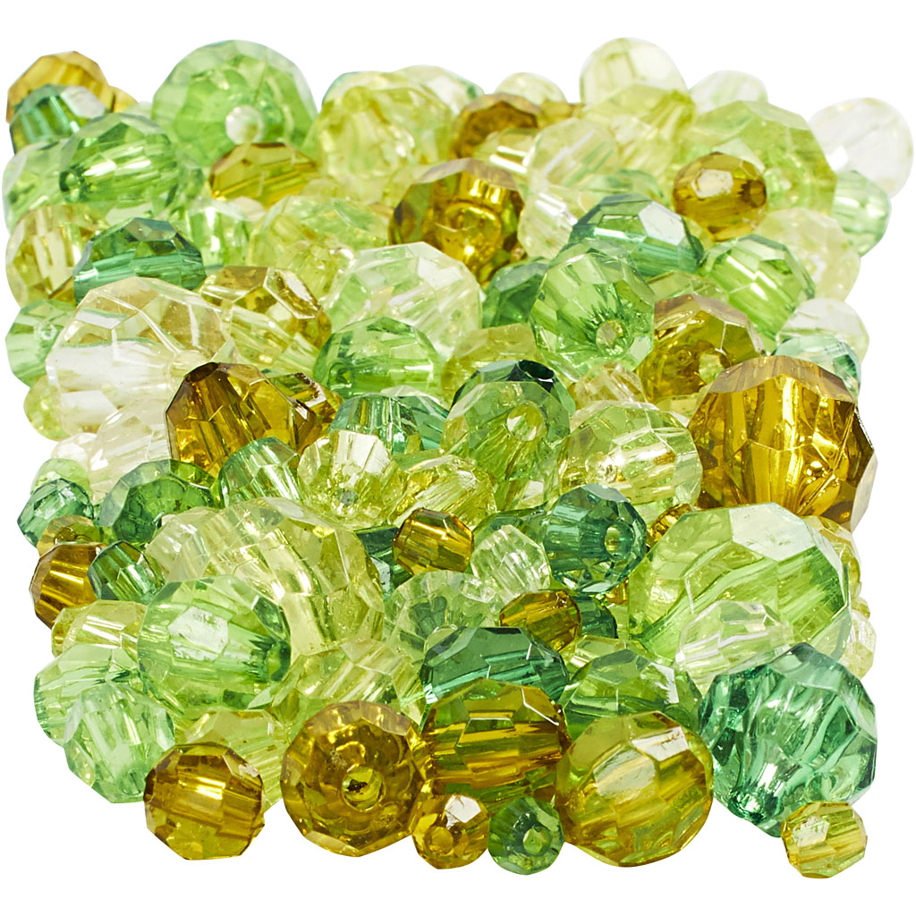 Perles à facettes, dim. 4-12 mm, diamètre intérieur 1-2,5 mm, glitter vert, 250 gr/ 1 Pq.