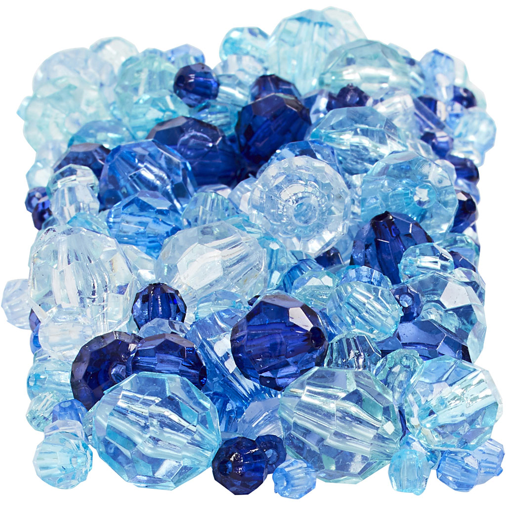 Facet glaskralen mix, d: 4-12 mm - 250 gr - Blauw
