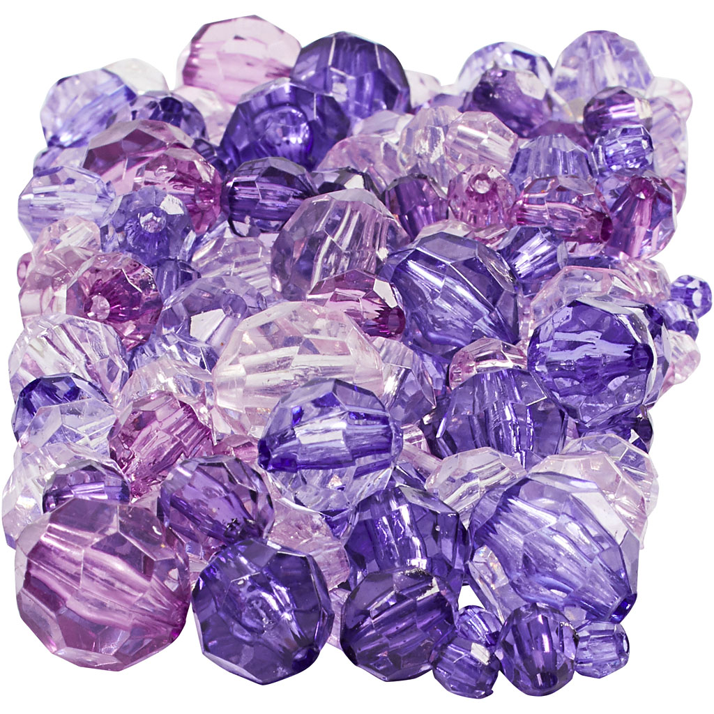 Facet glaskralen mix, paars, d: 4-12 mm - 250 gr