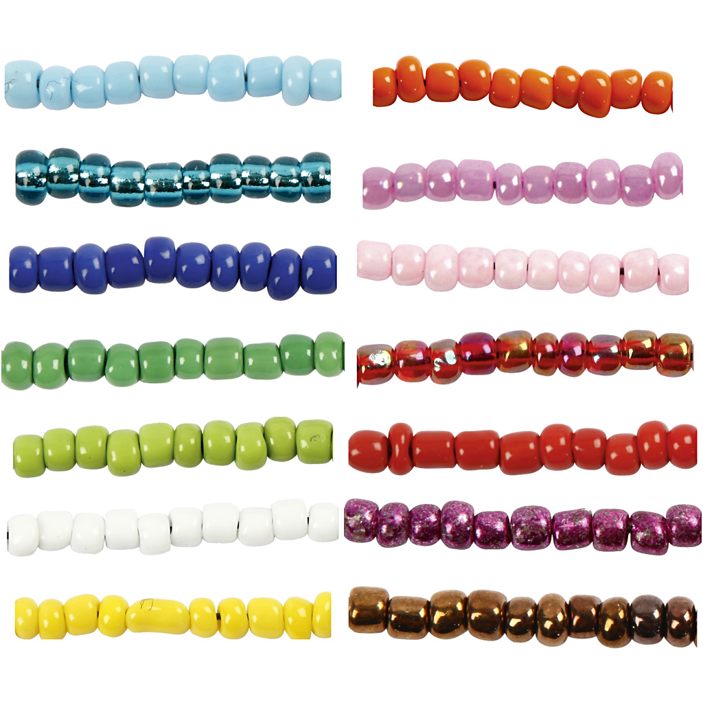 Perles de rocaille, d 3 mm, dim. 8/0 , diamètre intérieur 0,6-1,0 mm, ass. de couleurs, 14x25 gr/ 1 Pq.