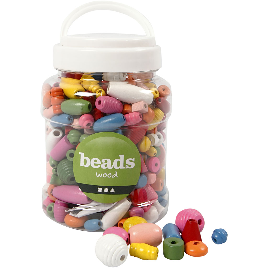 Perles en bois, dim. 5-28 mm, diamètre intérieur 2,5-3 mm, couleurs assorties, 400 ml/ 1 seau, 175 gr