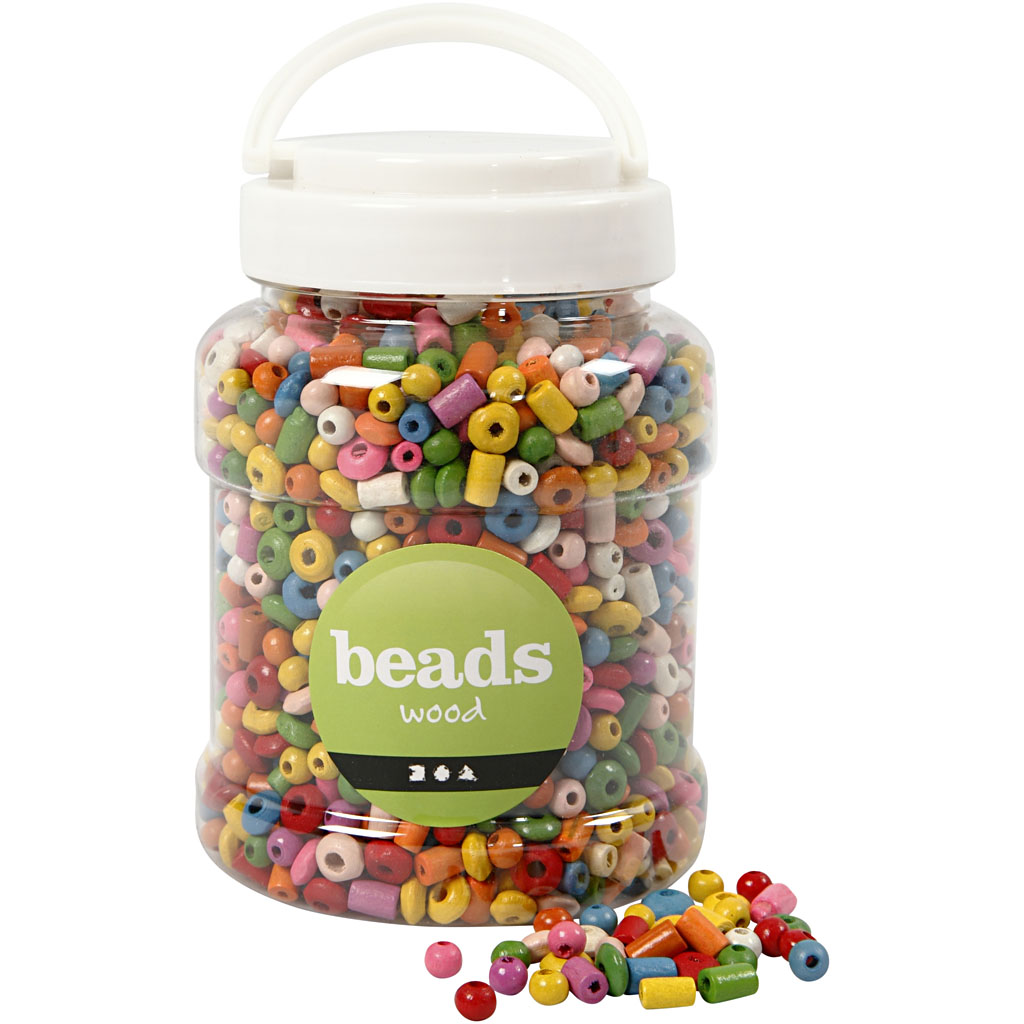 Perles en bois, d: 5-8 mm, diamètre intérieur 1,5 mm, couleurs assorties, 400 ml/ 1 seau, 175 gr