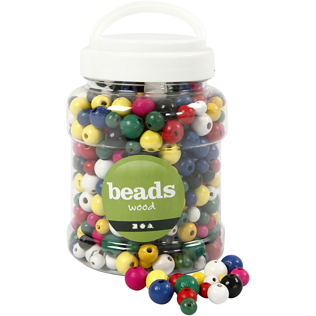 Perles en bois, d: 8+10+12 mm, diamètre intérieur 2-2,5 mm, couleurs assorties, 400 ml/ 1 seau, 175 gr
