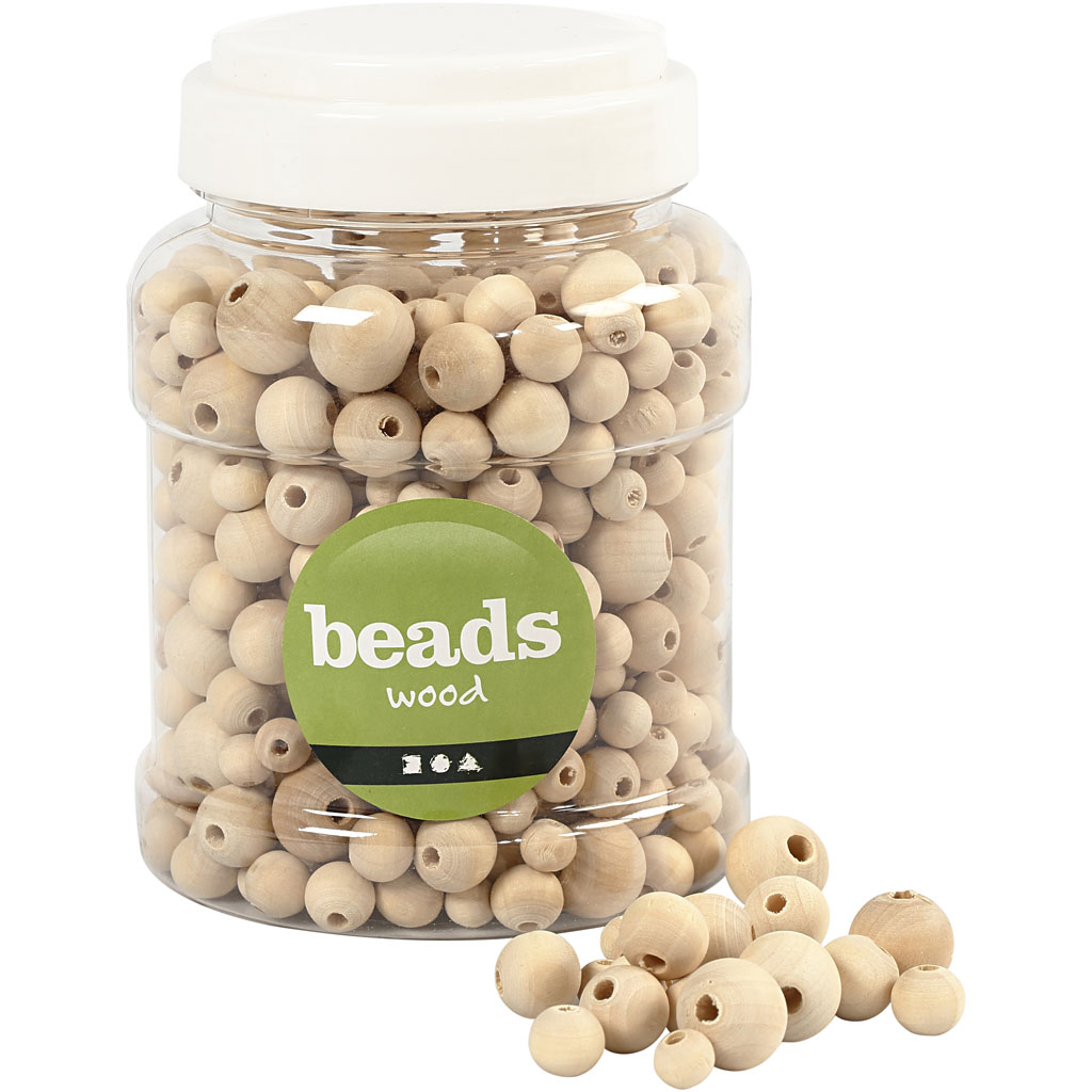 Perles en bois, d: 8+10+12+15 mm, diamètre intérieur 2-3 mm, 400 ml/ 1 seau, 175 gr