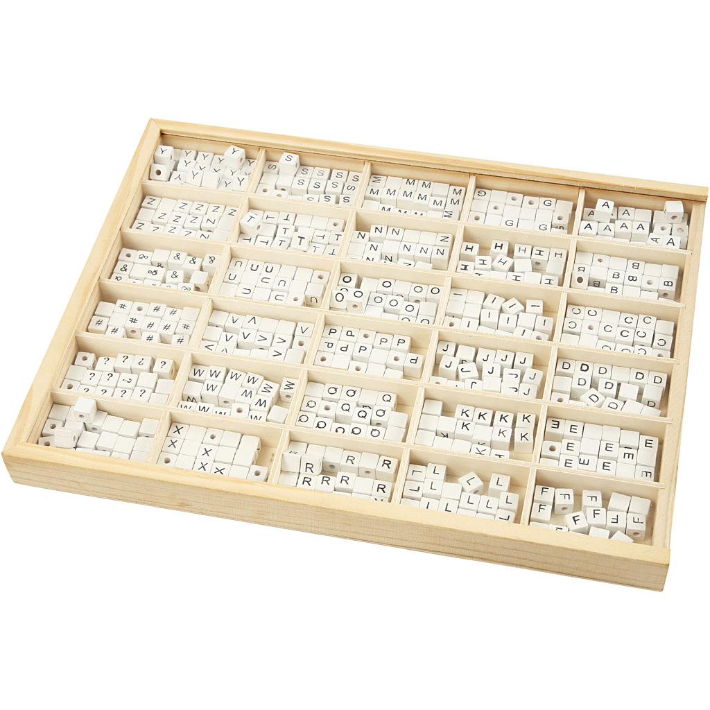 Letterkralen, A-Z, wit, d: 8x8 mm, incl houten opslagbox - 750 stuks