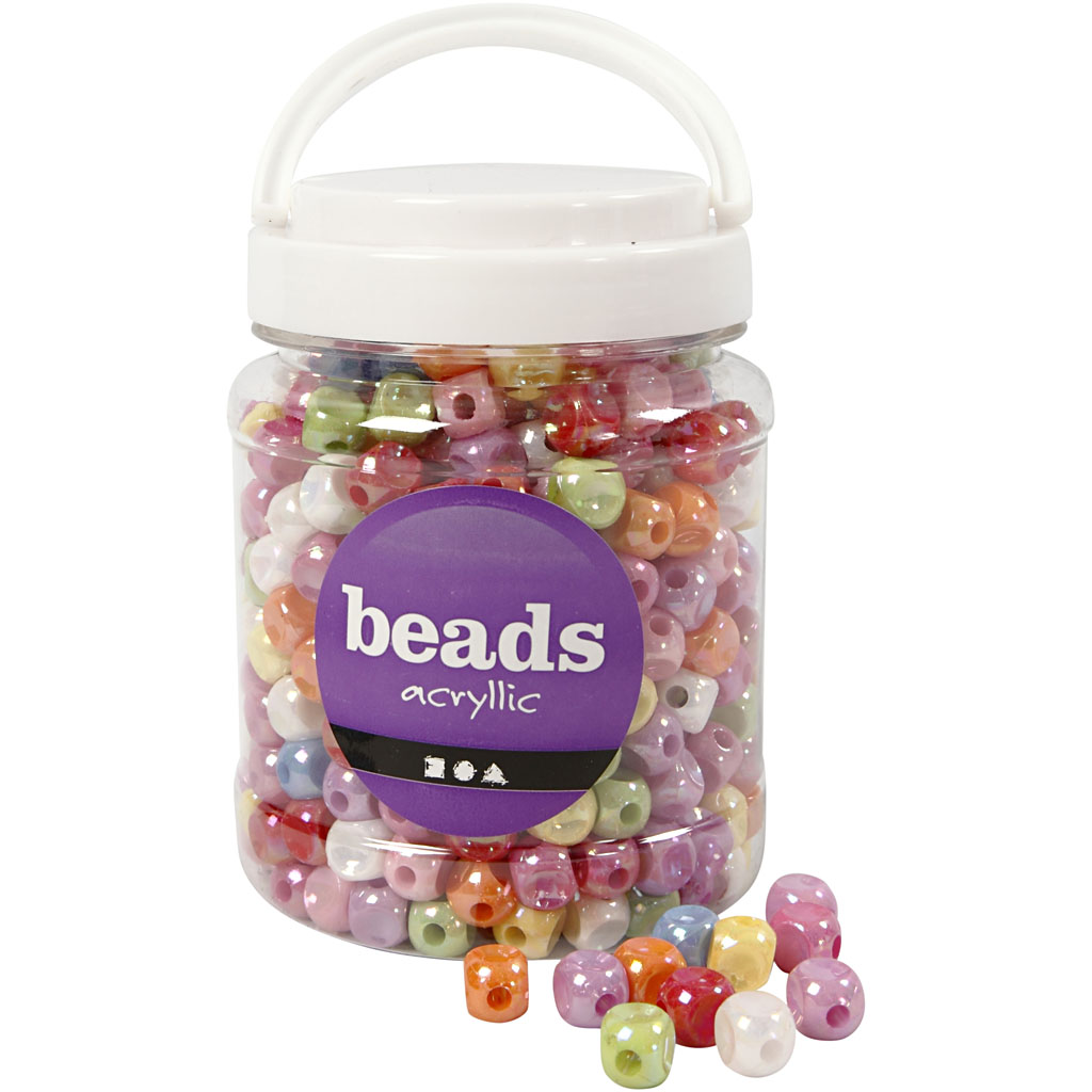 Perles plastique, dés, dim. 10x10 mm, diamètre intérieur 4 mm, couleurs assorties, 700 ml/ 1 boîte, 400 gr