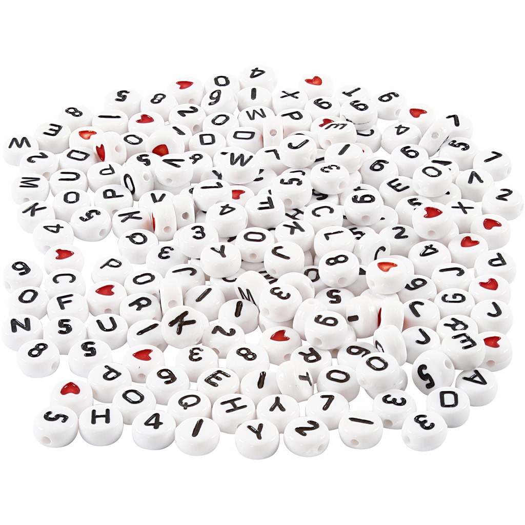 Perles lettres, dim. 7 mm, diamètre intérieur 1,2 mm, blanc, 200 gr/ 1 Pq.