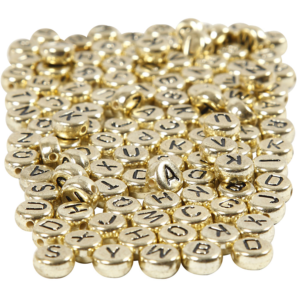 Perles lettres, d: 7 mm, diamètre intérieur 1,2 mm, or, 165 gr/ 1 Pq.