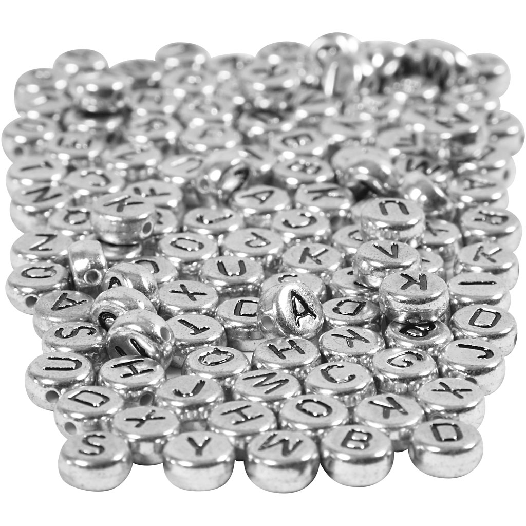 Perles lettres, d: 7 mm, diamètre intérieur 1,2 mm, argent, 165 gr/ 1 Pq.