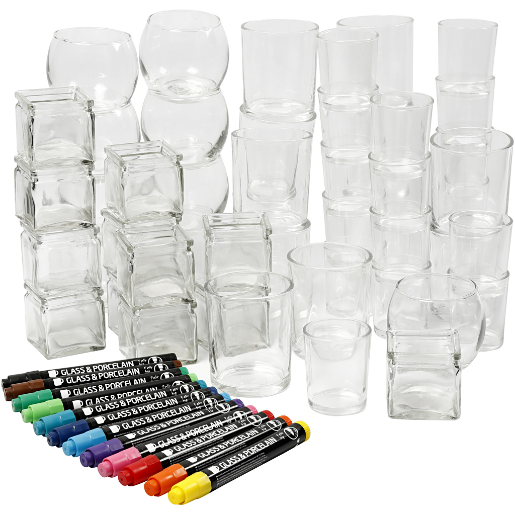 Kaarshouders in glas om te versieren, diverse vormen, 1 set à 72 stuks + 12 glasstiften