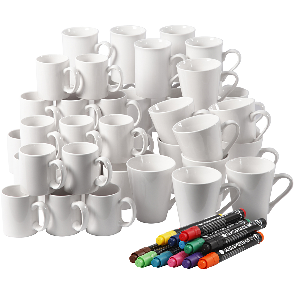 Tasses en porcelaine, H: 7-10 cm, blanc, 1 set, 48 tasses et 12 marqueurs porcelaine