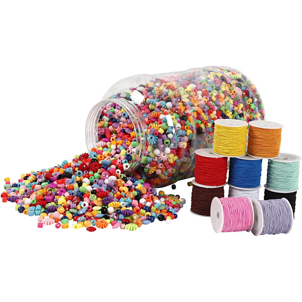 Plastic kralen, kleurassortiment, 10x25 m elastic, 1set elastic