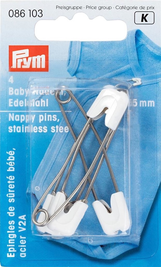 Babyveiligheidsspelden edelstaal 55 mm, 4 stuks, Wit