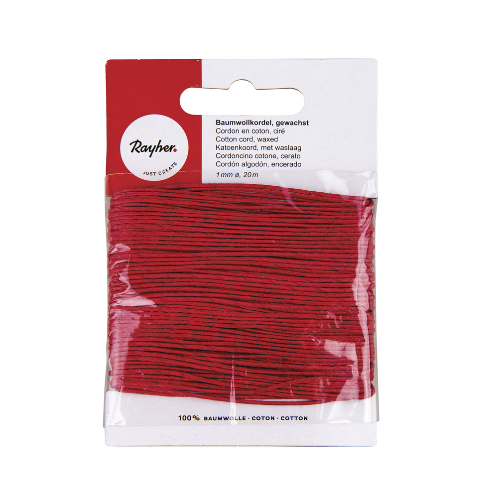 Cordon en coton, ciré, rouge, 1mm, carte 20 m