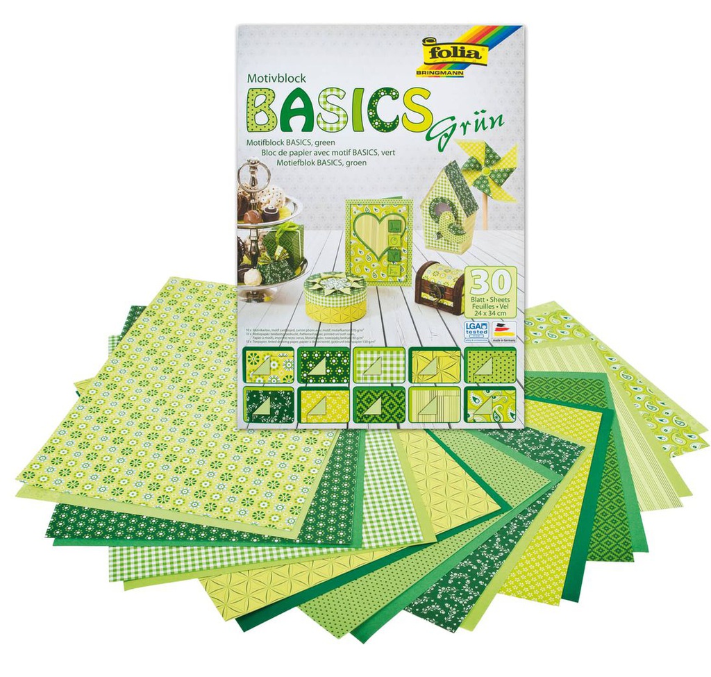 Bloc à motif "Basics", 24x34cm, 30 feuilles assorties - Vert