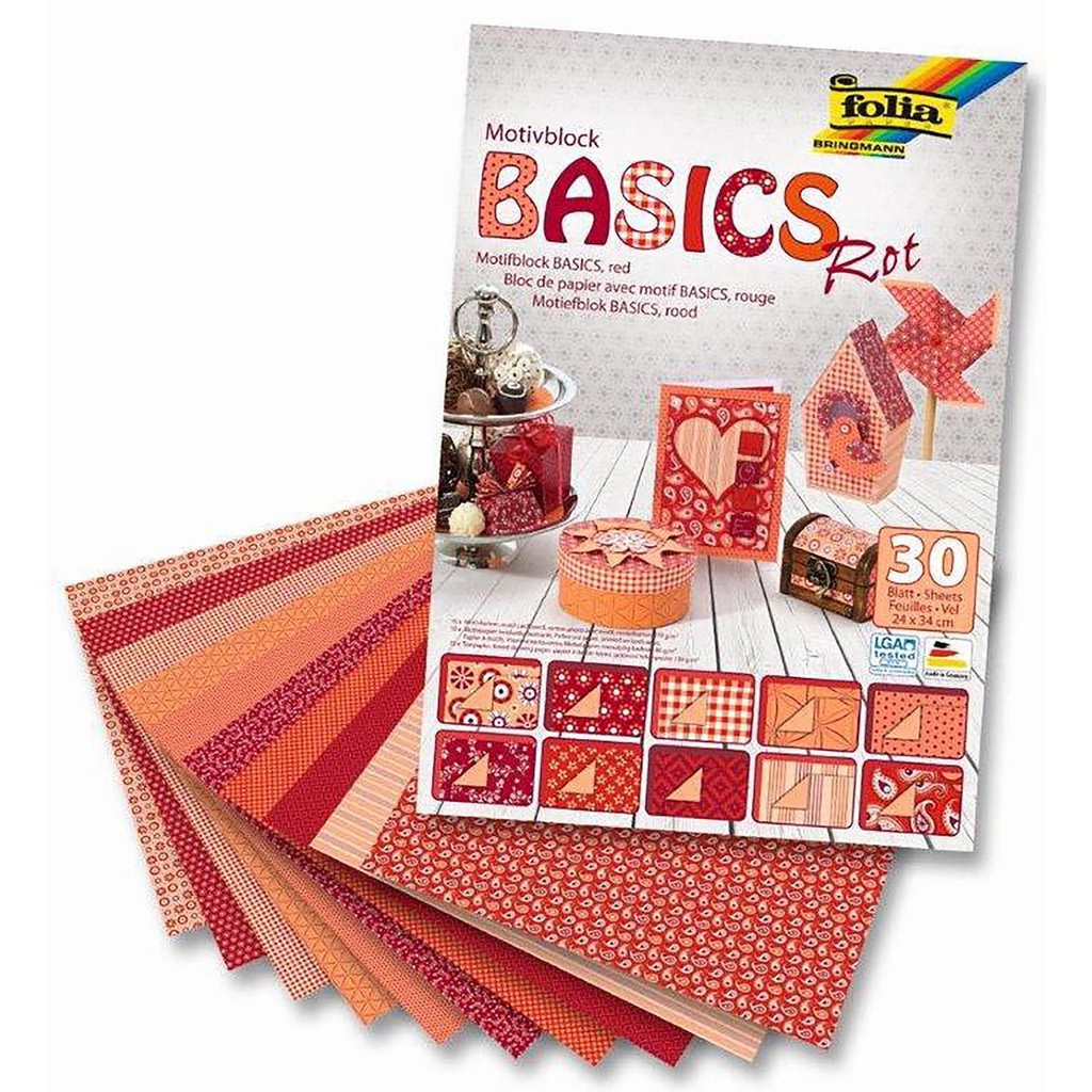Bloc à motif "Basics", 24x34cm, 30 feuilles assorties - Rouge
