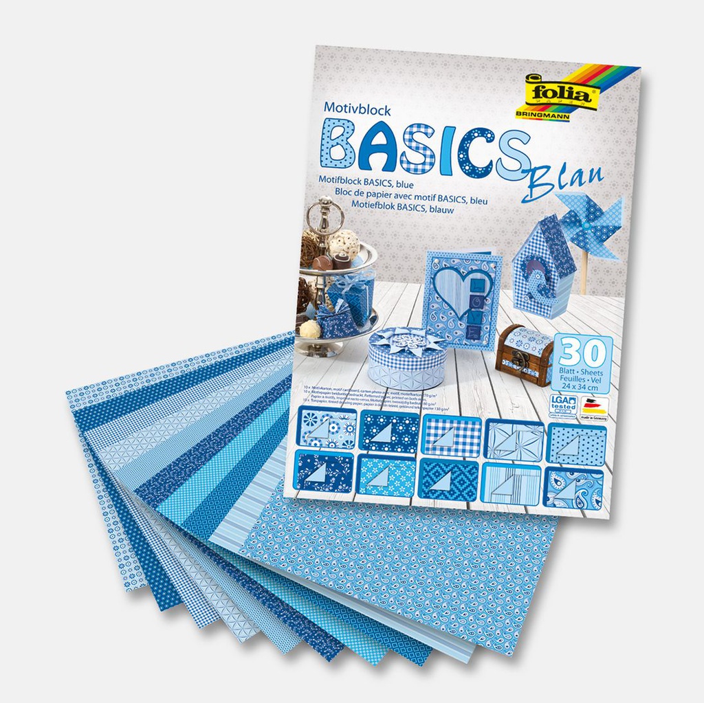 Bloc à motif "Basics", 24x34cm, 30 feuilles assorties - Bleu