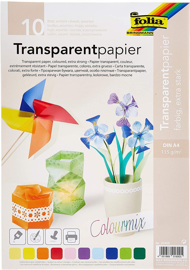 Papier transparent 115g/m², DIN A4, 10 flles, coloris assortis