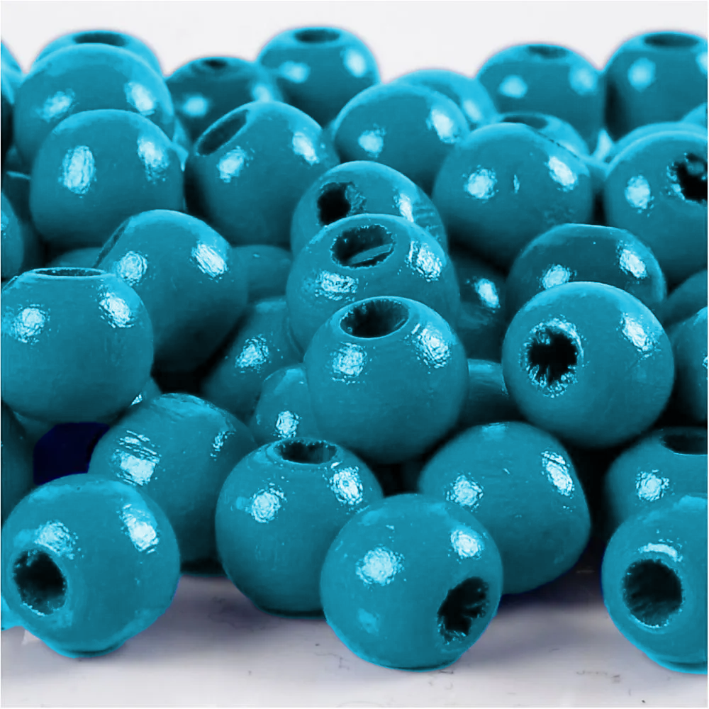Perles en bois FSC 100%, polies, 12mm ø, turquoise, sct. 32 pièces