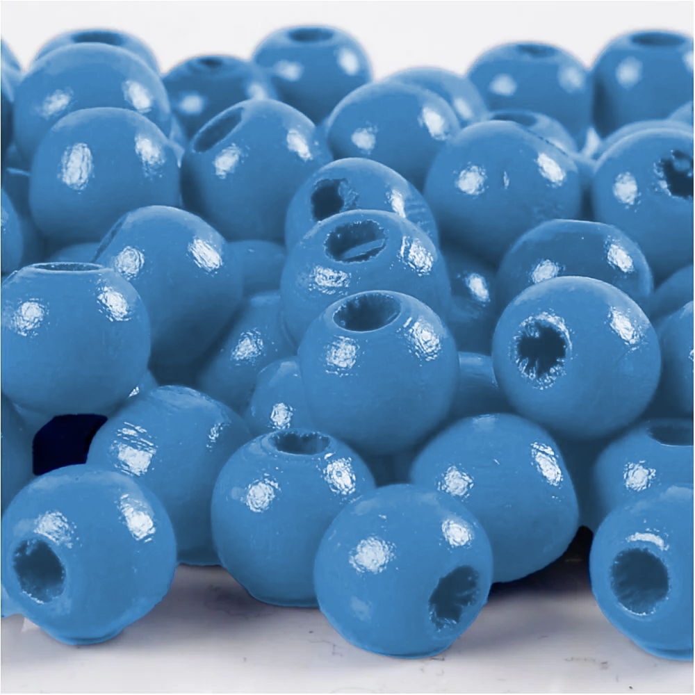 Perles en bois FSC 100%, polies, 12mm ø, bleu moyen, sct. 32 pièces