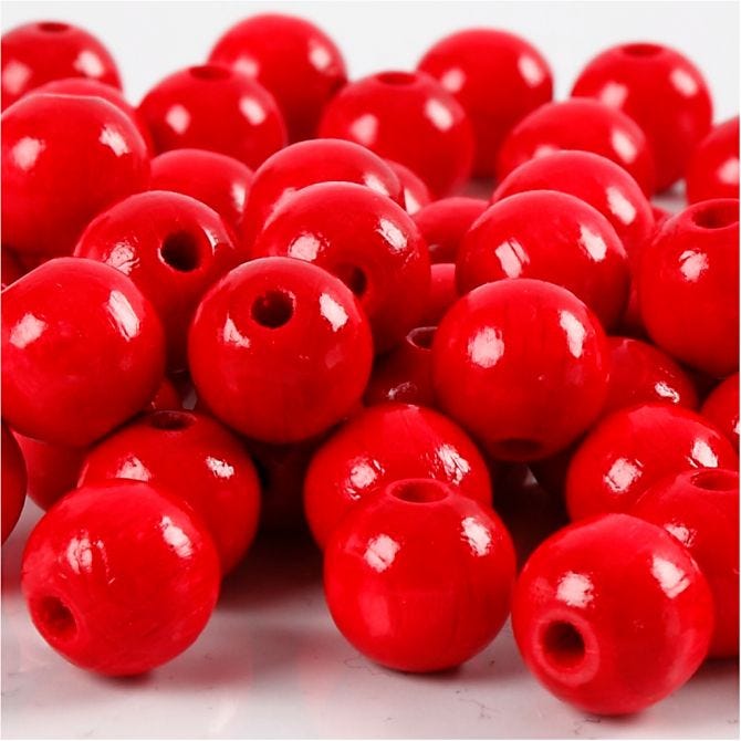 Perles en bois FSC 100%, polies, 12mm ø, rouge, sct. 32 pièces