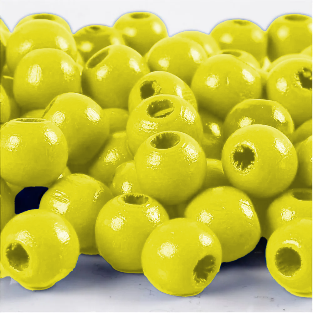 Perles en bois FSC 100%, polies, 12mm ø, jaune, sct. 32 pièces