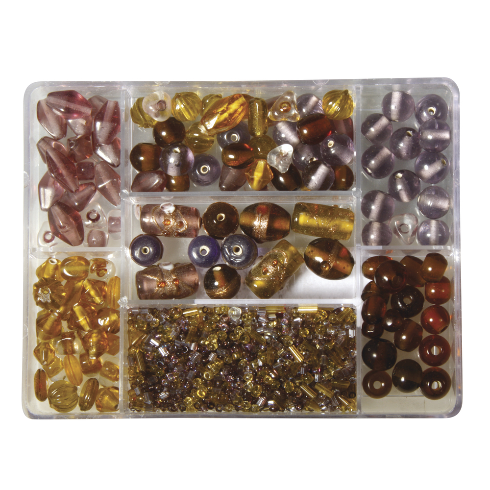Boîte Perles en Verre, Mélange Couleurs+Tailles, Boite 115G - Prune