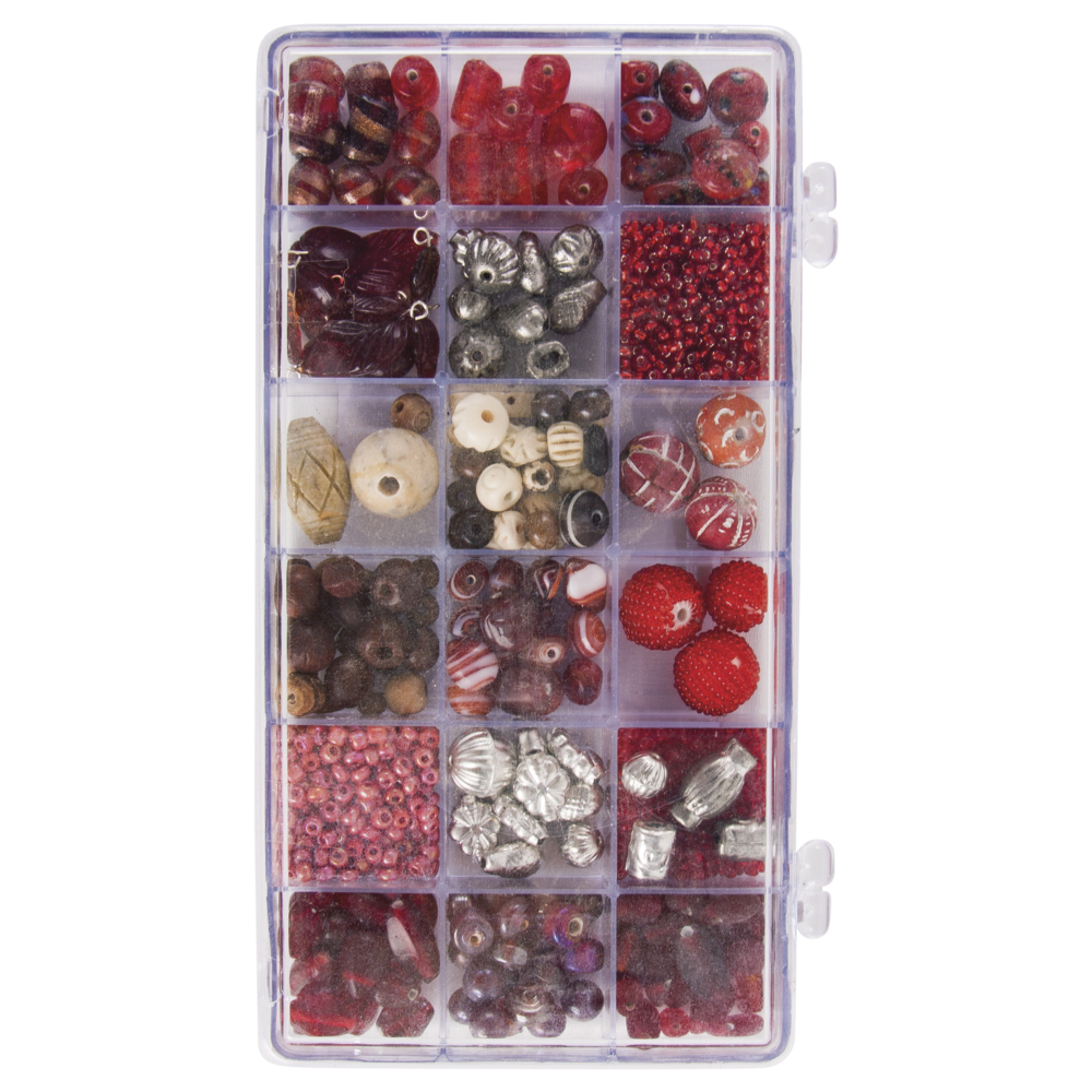 Boîte perles en verre, Mélange couleurs+tailles, Boite 240g - rubis
