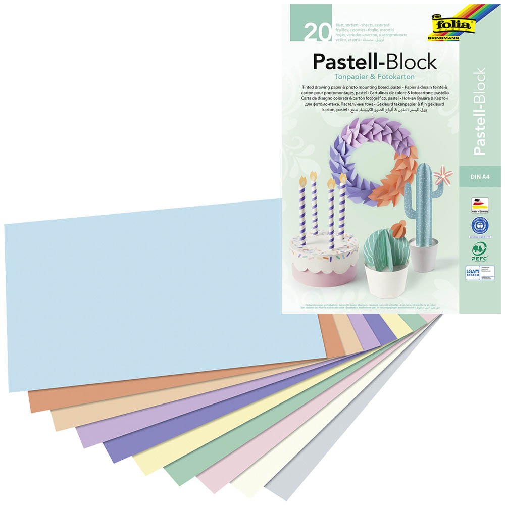 Blok pastel, gekleurd papier & fotokarton, DIN A4, 20 vellen - kleurassortiment