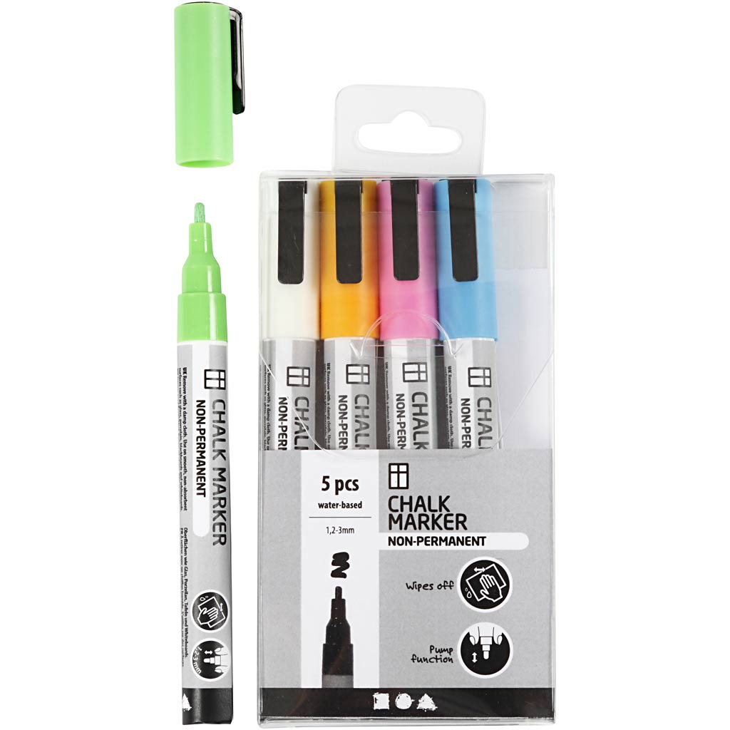 Chalk markers, sterke kleuren, lijndikte 1,2-3 mm, 5 stuk/ 1 doos