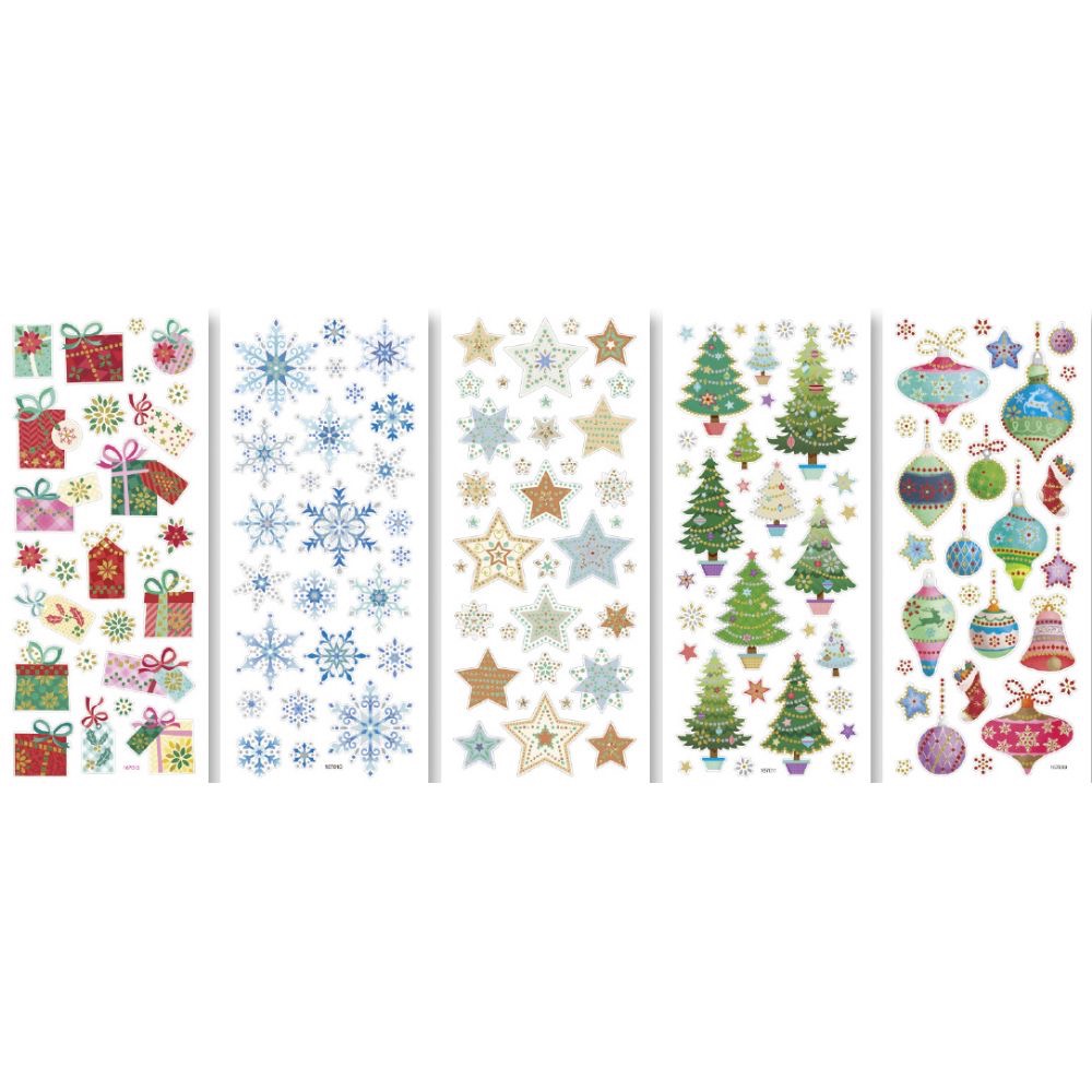 Stickers pailletés, Assortiment Noël    , 5 flles assorties, env. 10x23cm