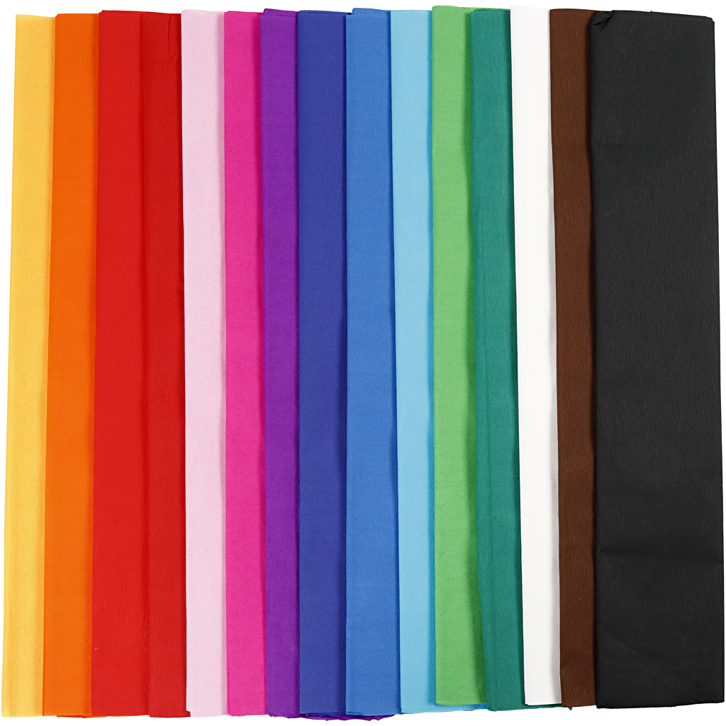 Crepepapier, diverse kleuren, L: 2,5 m, B: 50 cm, 15 vouw