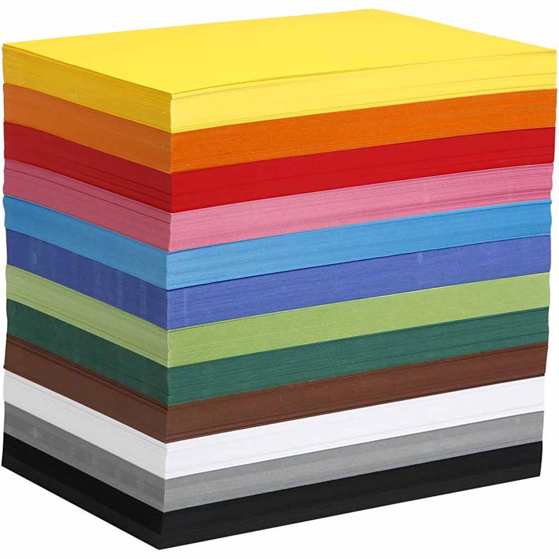 Papier cartonné coloré, A4, 210x297 mm, 180 gr, couleurs assorties, 1200 flles ass./ 1 Pq.