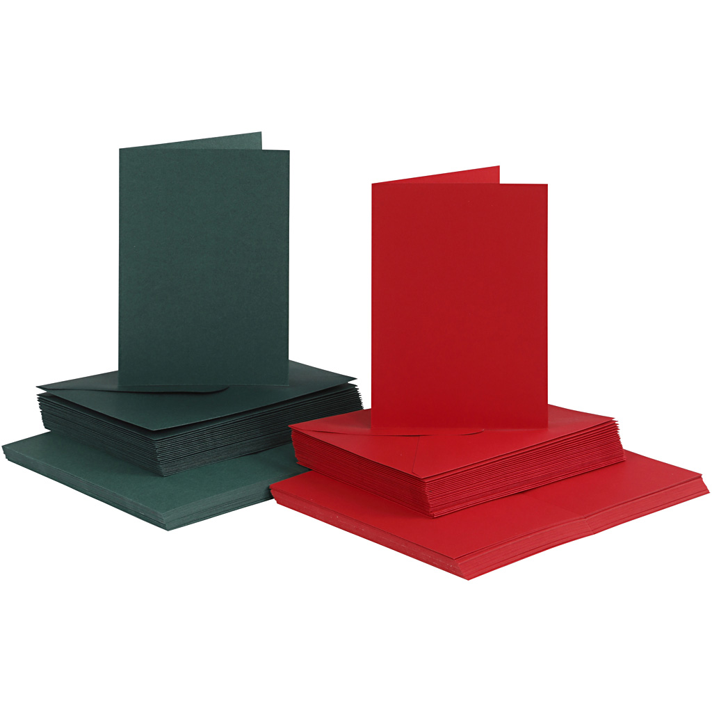 Cartes et enveloppes, dimension carte 10,5x15 cm, dimension enveloppes 11,5x16,5 cm, 110+230 gr, vert, rouge, 50 set/ 1 Pq.