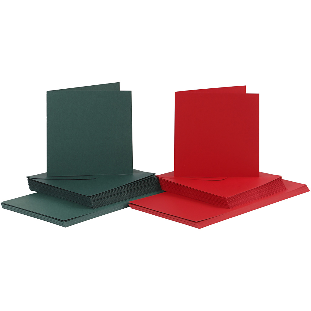 Kaarten en enveloppen, groen, rood, afmeting kaart 15x15 cm, afmeting envelop 16x16 cm, 50 sets