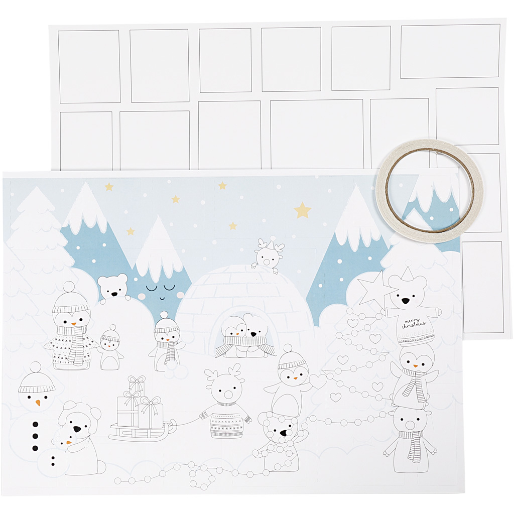 Kerst kalender, wit, afm 30x42 cm, 3 stuk/ 1 doos
