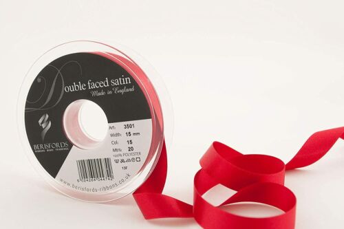 Berisfords Double faced satijnlint, 15mm breed, rol 20m, rood